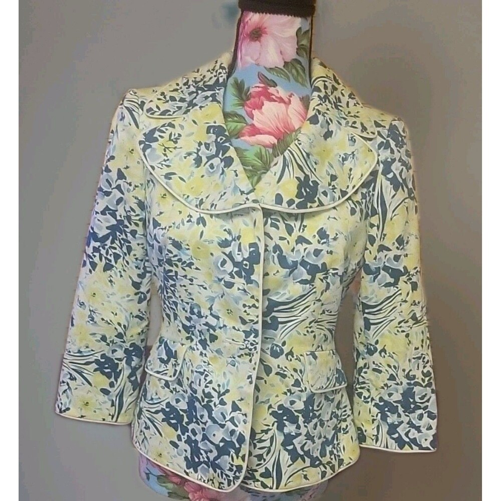 Alex Marie Womens Coat 2P 8 Notch Lapel Floral Green Beach Blue Trim Jacket Exc